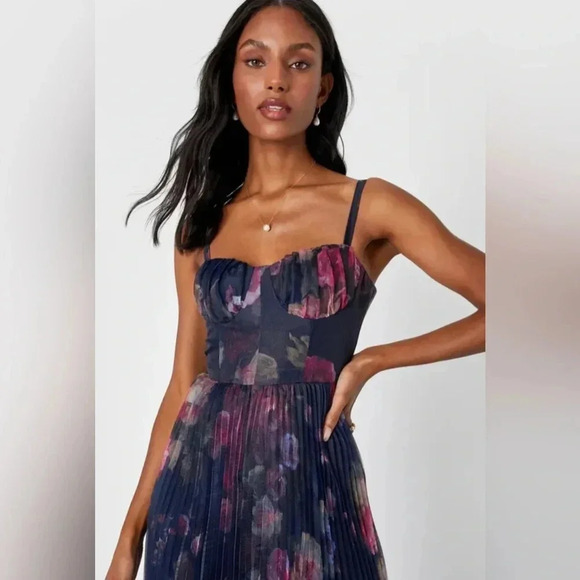 Lulus Alluring Invite Midnight Blue Floral Pleated Bustier Midi Dress sz XL nwot - Picture 2 of 4
